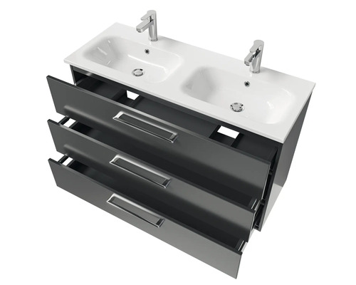 Meuble sous-lavabo avec deux lavabos et trois tiroirs