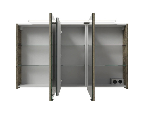 Armoire de toilette ouverte avec étagères en verre et éclairage