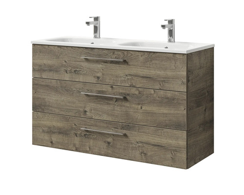 Meuble sous-lavabo avec trois tiroirs, lavabo et deux robinets