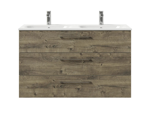 Meuble sous-lavabo avec trois tiroirs et deux lavabos