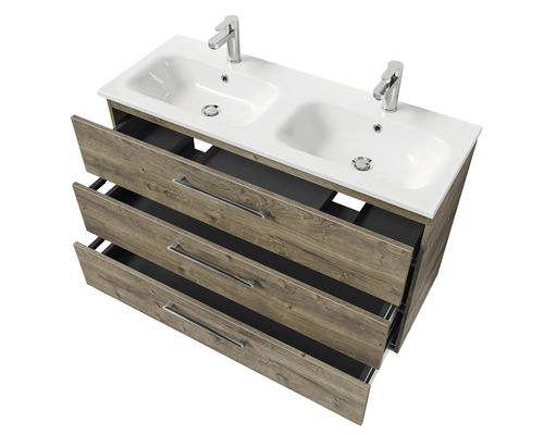 Meuble sous-lavabo avec deux vasques et trois tiroirs