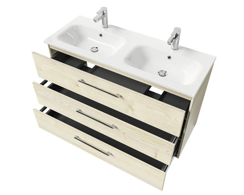 Waschtisch mit Doppelwaschbecken, drei Schubladen und Armaturen