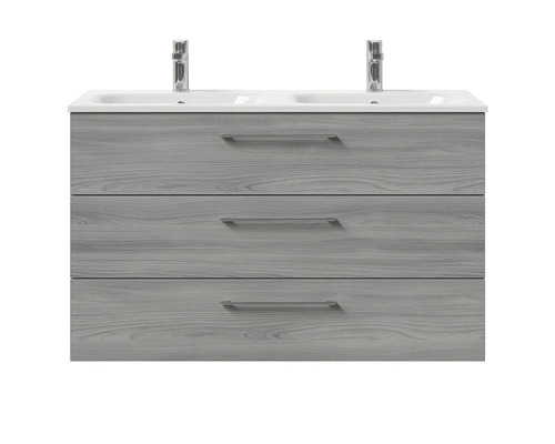 Meuble sous-lavabo avec trois tiroirs et deux lavabos