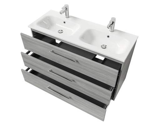 Meuble-lavabo avec deux vasques, trois tiroirs et robinets
