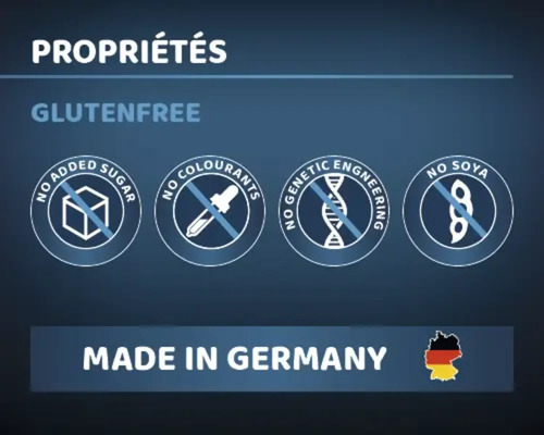 Propriétés: Sans gluten, sans sucre ajouté, sans colorants, sans manipulation génétique, sans soja, fabriqué en Allemagne