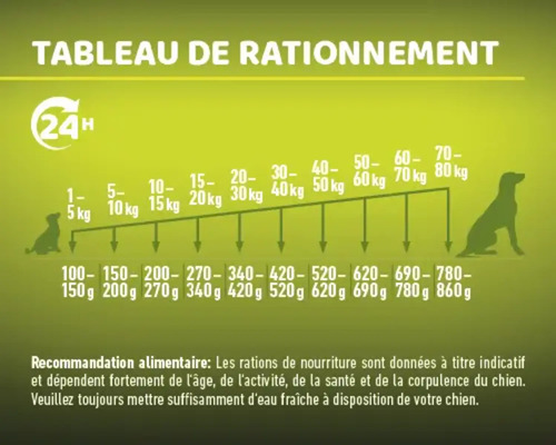 Tableau d''alimentation pour chiens indiquant les rations quotidiennes en grammes, en fonction du poids du chien