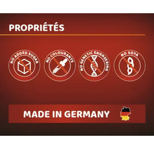 Sans sucre ajouté, sans colorants, sans manipulation génétique, sans soja, fabriqué en Allemagne