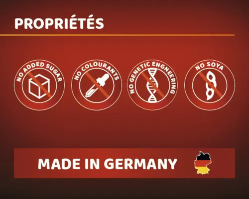 Sans sucre ajouté, sans colorants, sans manipulation génétique, sans soja, fabriqué en Allemagne