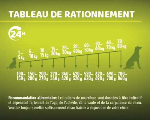 Tableau de rationnement pour chiens avec recommandations de poids