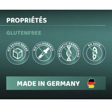 Sans gluten, sans sucre ajouté, sans colorants, sans génie génétique, sans soja, fabriqué en Allemagne