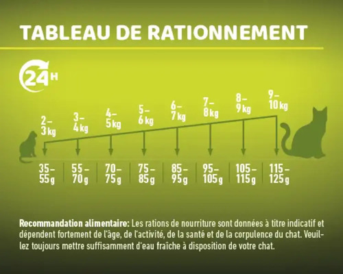 Tableau de rationnement pour aliments pour chats avec recommandations d''alimentation par poids