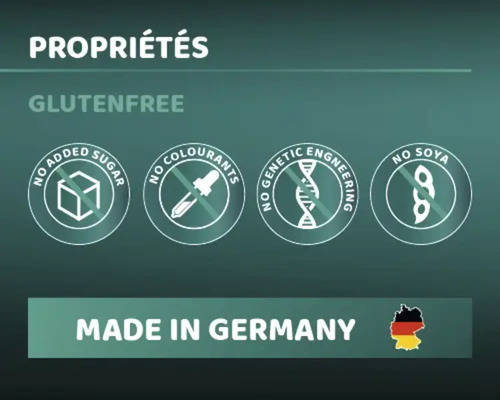 Propriétés: sans gluten, sans sucre ajouté, sans colorants, sans manipulation génétique, sans soja, fabriqué en Allemagne