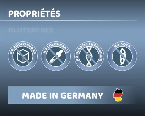 Ne contient pas de sucre ajouté, pas de colorants, pas de génie génétique, pas de soja, fabriqué en Allemagne