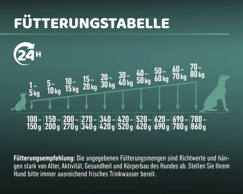 Fütterungstabelle für Hunde mit Fütterungsempfehlung und Mengenangaben