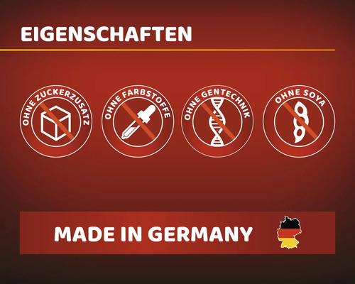 Produktmerkmale: Ohne Zuckerzusatz, ohne Farbstoffe, ohne Gentechnik, ohne Soja, Made in Germany