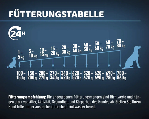 Fütterungstabelle für Hunde mit Fütterungsempfehlung und Gewichtsangaben