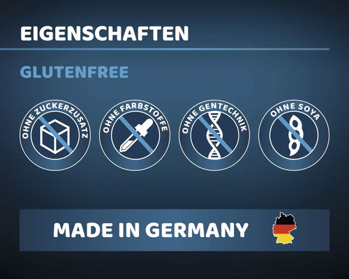 Produktmerkmale: glutenfrei, ohne Zuckerzusatz, ohne Farbstoffe, ohne Gentechnik, ohne Soja, hergestellt in Deutschland