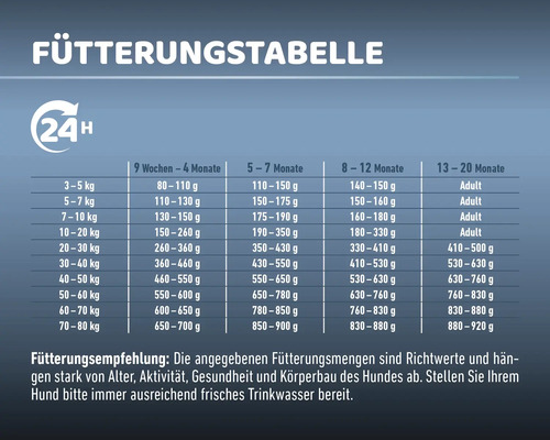 Fütterungstabelle für Hunde mit Fütterungsempfehlung nach Alter und Gewicht