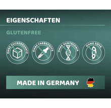 Eigenschaften: Glutenfrei, ohne Zuckerzusatz, ohne Farbstoffe, ohne Gentechnik, ohne Soja, hergestellt in Deutschland