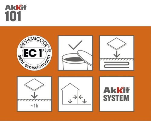 Détails du produit Akkit 101 avec le label GEV-EMICODE et les instructions d''application