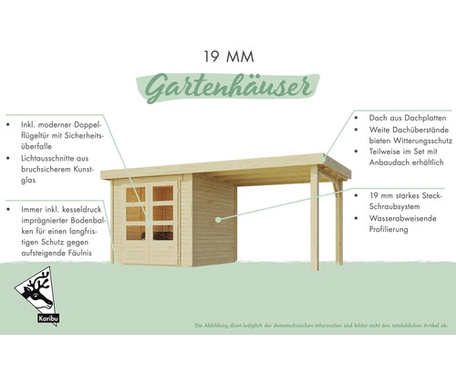 Gartenhaus mit Doppelfügeltür, Sicherheitsüberfalle und Anbaudach