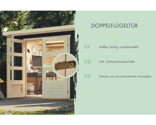 Doppelflügeltür mit Sicherheitsüberfalle und Fenster aus bruchsicherem Kunstglas