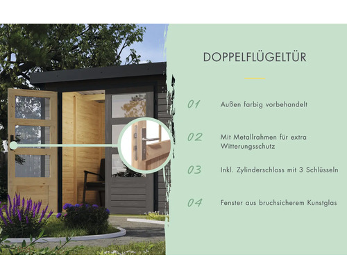 Doppelflügeltür mit Metallrahmen und Zylinderschloss für Gartenhaus