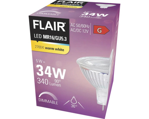 Emballage d''une lampe Flair LED MR16/GU5.3 à intensité variable avec 5 watts, 340 lumens et classe d''efficacité énergétique G