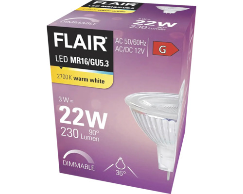 Verpackung einer dimmbaren Flair LED Lampe MR16/GU5.3
