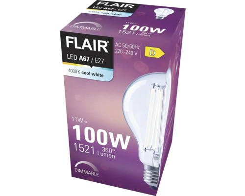 Verpackung einer dimmbaren Flair LED A67 / E27 Lampe mit 11 Watt, 100 Watt Entsprechung und 4000 Kelvin kaltweiß