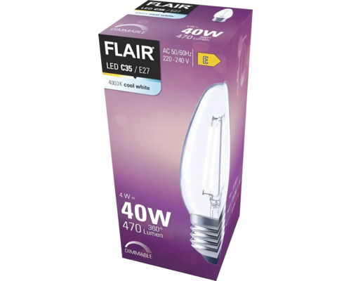 Emballage d''une lampe LED Flair C35 E27 à intensité variable de 4 watts, équivalent à 40 watts, 470 lumens et 4000 kelvins blanc froid