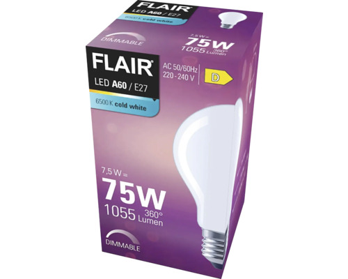 Verpackung einer dimmbaren Flair LED Lampe A60 E27 mit 7.5 Watt und 1055 Lumen