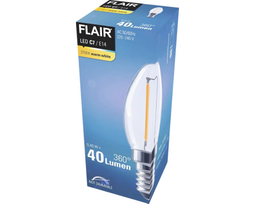 Verpackung einer nicht dimmbaren Flair LED Lampe C7/E14 mit 40 Lumen und warmweißem Licht