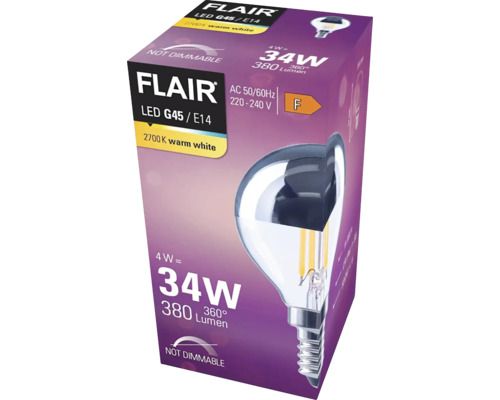 Verpackung einer nicht dimmbaren Flair LED Lampe G45 E14 mit 4 Watt und 380 Lumen