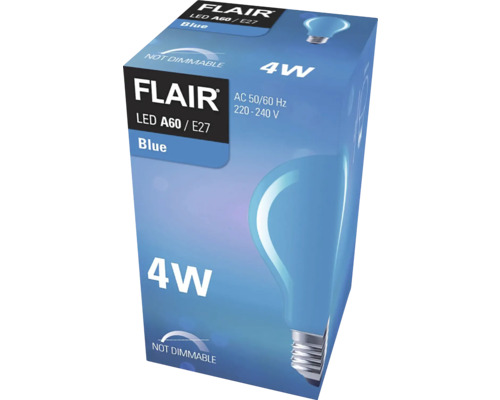 Verpackung einer blauen Flair LED A60 E27 Glühbirne mit 4 Watt, nicht dimmbar