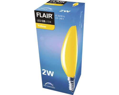 Emballage d''une lampe LED jaune Flair C35 E14, 2 watts, non dimmable