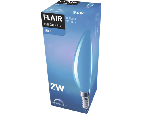 Emballage d''une ampoule LED bleue Flair C35 / E14 non dimmable de 2 watts