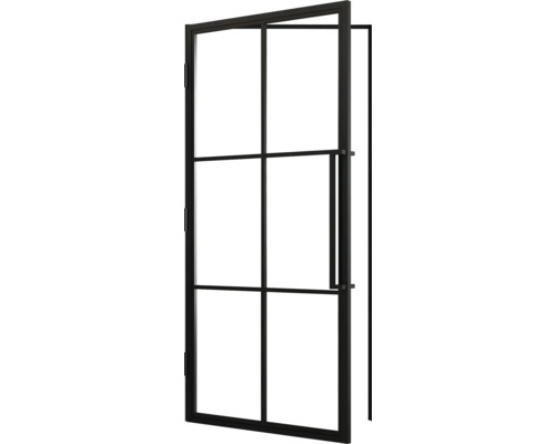 Offene schwarze Innentür mit Glaseinsätzen
