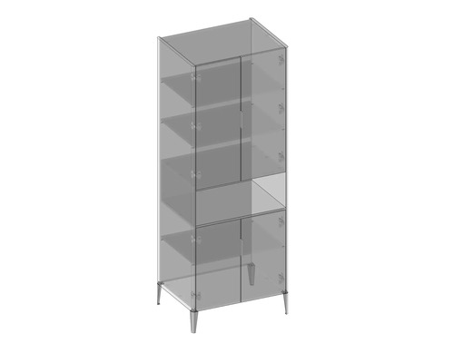 Vitrine en verre avec plusieurs compartiments et portes