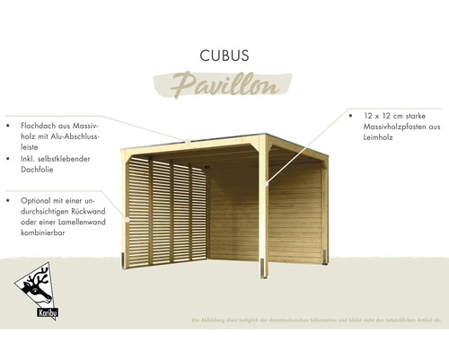 Pavillon Cubus avec toit plat en bois massif et paroi arrière ou paroi à lamelles en option