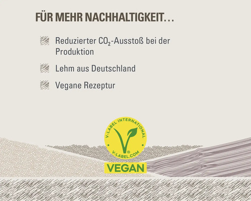 Informationen zur Nachhaltigkeit: Reduzierter CO2-Ausstoß, Lehm aus Deutschland, Vegane Rezeptur, V-Label Vegan Siegel