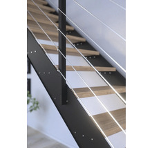 Escalier avec marches en bois et rampe avec câbles en acier