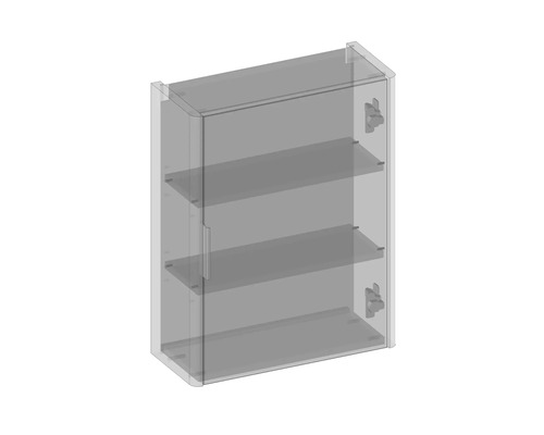 Armoire suspendue transparente avec trois compartiments pour montage mural.