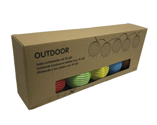 Verpackung einer Solar Lichterkette mit zehn LED Lampen für den Außenbereich