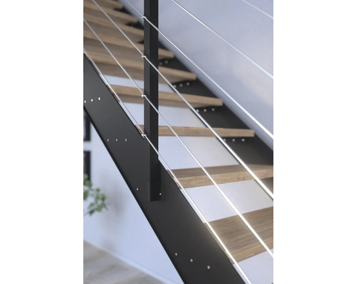 Treppe mit Holzstufen und Stahlseilgeländer