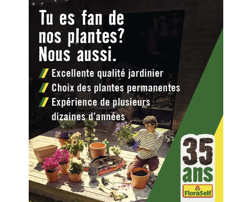 Publicité pour les plantes et accessoires de jardin FloraSelf avec une personne rempotant des plantes.