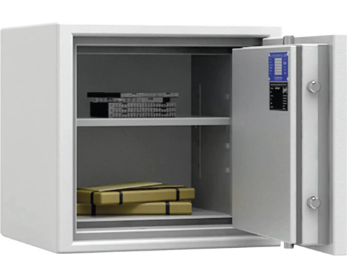 Geöffneter Tresor mit zwei Fächern zur Aufbewahrung von Wertgegenständen und Dokumenten