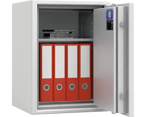 Geöffneter Tresor mit roten Aktenordnern