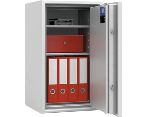 Geöffneter Wertschutzschrank mit Aktenordnern und Safe