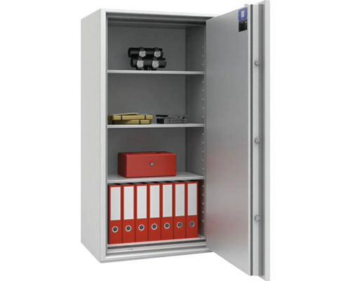 Offener Tresor mit Fachböden und diversen Gegenständen